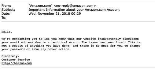 Amazon email announcing leaked emails
